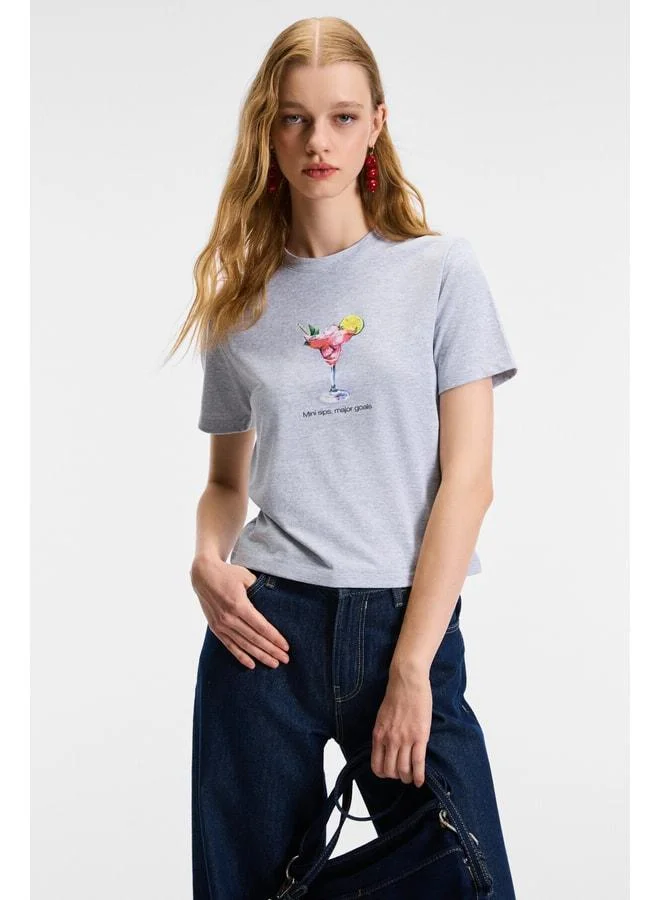GRIMELANGE IVONNE Women's Cocktail Print Pattern Short Sleeve Organic Cotton Bike Neck Crop Grimelanj T-Shirt