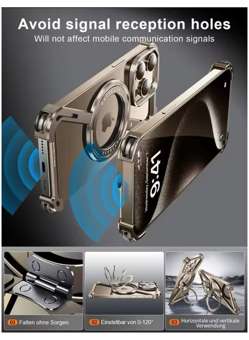 Case for iPhone 16 Pro max Frameless, with Magsafe Kickstand Minimalist Rimless Metal Slim Hard Ultra Thin for iPhone 16 Pro Max Bumper Case with Ring Holder Magnetic Stand for Men, Natural 360° Rot - Image 2