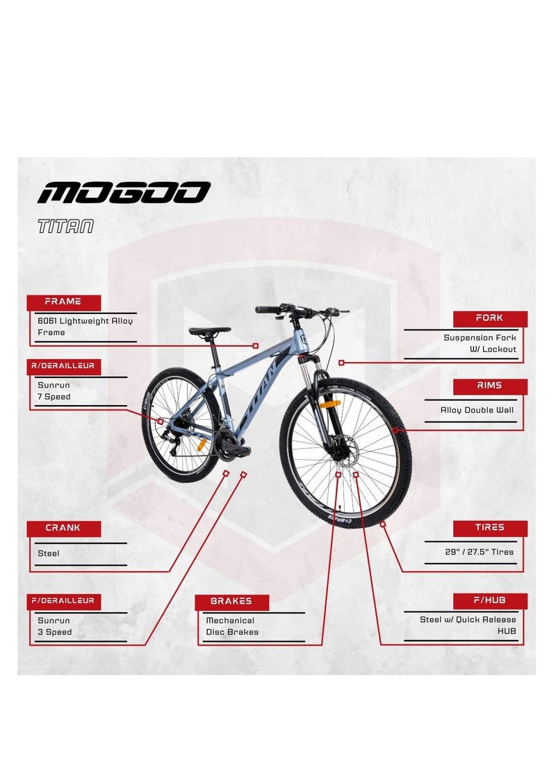 MOGOO دراجة جبلية من مغو تيتان مصنوعة من سبائك الألمنيوم 26 بوصة - نظام نقل حركة 21 سرعة - دراجة للبالغين - فرامل قرص ميكانيكية - مقعد قابل للتعديل - 21 تروس - دراجة جبلية مع نظام تعليق للرجال والنساء - فضي - Image 3