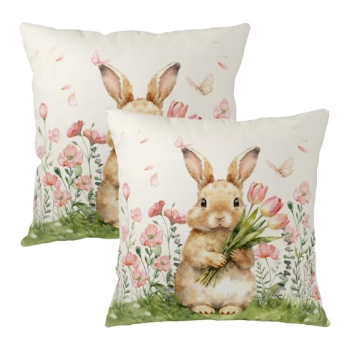 Wnoesat Easter Bunny Outdoor Pillow Covers 18x18 Set of 2 Watercolor Pink Flowers Pillows Cases Farmhouse Rabbit Floral Pillowcase for Sofa Couch Home Decor - Image 1