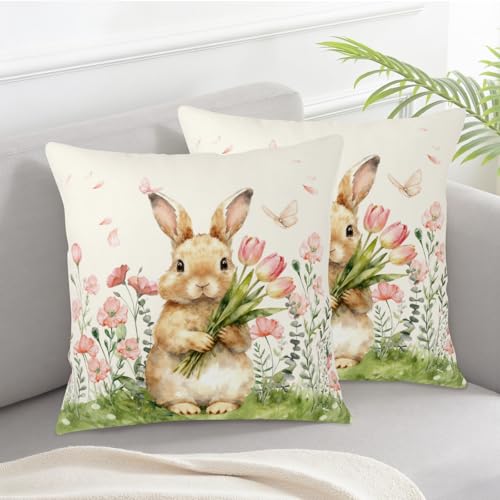 Wnoesat Easter Bunny Outdoor Pillow Covers 18x18 Set of 2 Watercolor Pink Flowers Pillows Cases Farmhouse Rabbit Floral Pillowcase for Sofa Couch Home Decor - Image 3