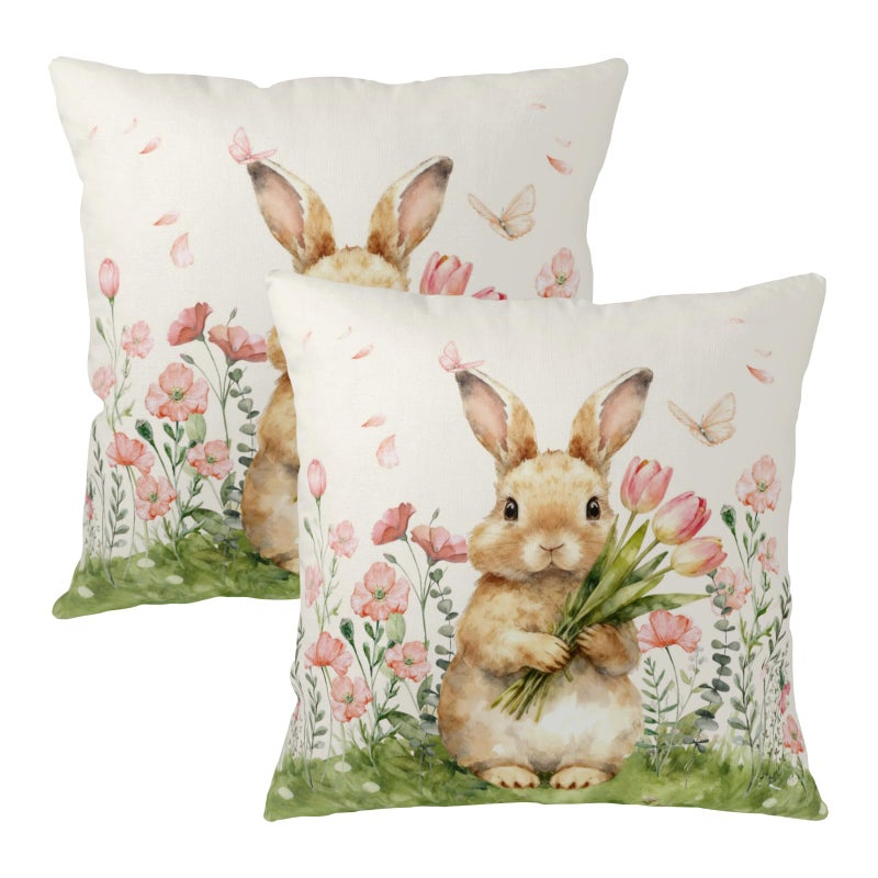 Wnoesat Easter Bunny Outdoor Pillow Covers 18x18 Set of 2 Watercolor Pink Flowers Pillows Cases Farmhouse Rabbit Floral Pillowcase for Sofa Couch Home Decor - Image 2