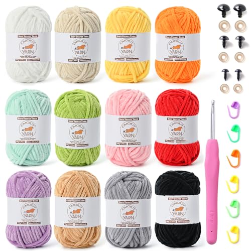 OMoiut 12 Pack Fluffy Velvet Yarn for Crocheting, Chunky Chenille Baby Yarn for Crocheting Soft Blanket, 787 yds Amigurumi Yarns for Knitting, Bulky Multicolored Crochet Yarns Set A - Image 1