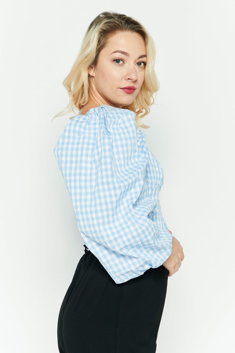 forever new بلوزة نسائية بأكمام منتفخة وياقة مربعة، مزخرفة بمربعات، زرقاء - Image 3