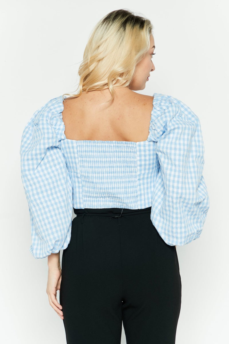 forever new بلوزة نسائية بأكمام منتفخة وياقة مربعة، مزخرفة بمربعات، زرقاء - Image 4