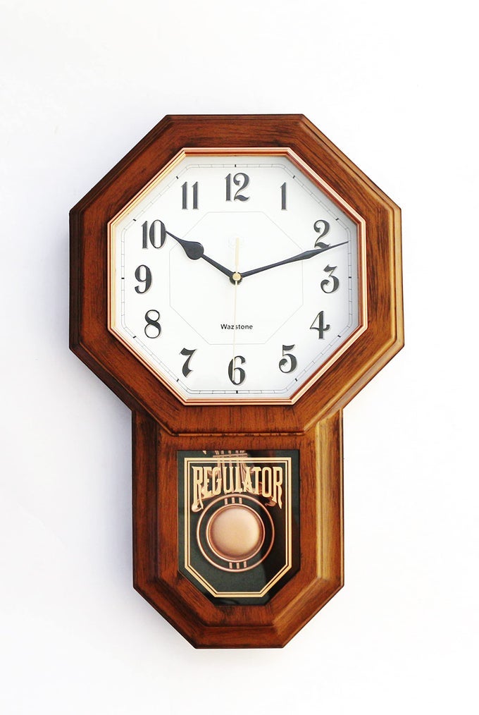CLASSIC ANTIQUE MINI PENDULUM WALL CLOCK WOOD SIMULATED VINTAGE BRONZE TEXTURE NON TICKING SILENT SWEEP QUARTZ MOVEMENT WIDTH 114 LENGTH 185 RETRO RUSTIC COUNTRY STYLE PLASTIC FRAME