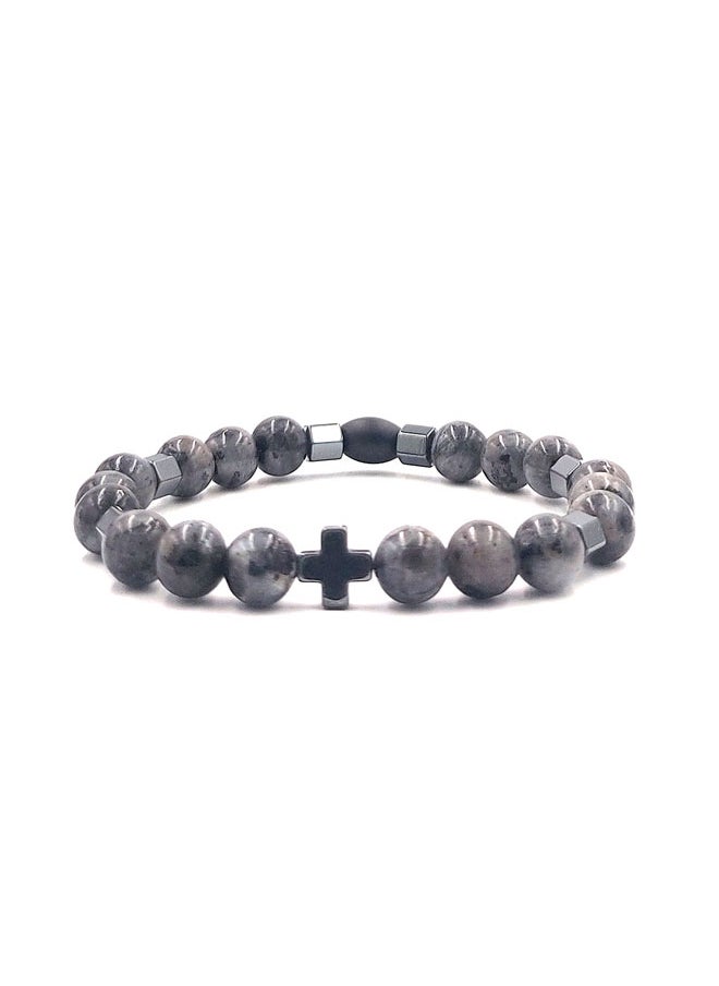 CHRYSOSTOMOS Handmade Beaded Bracelet for Men with Natural Grey Polished Agate  - Image 1