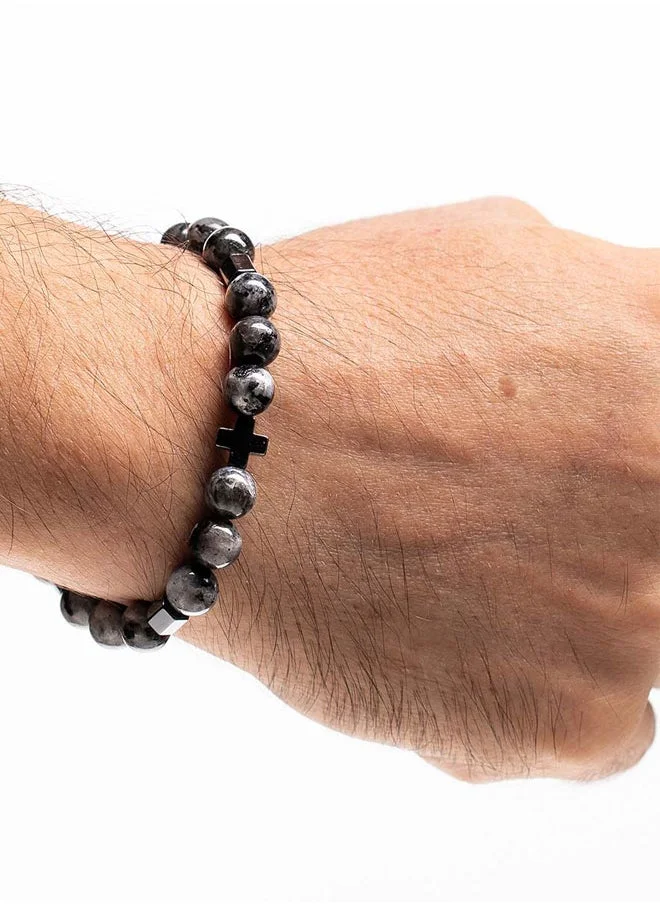 CHRYSOSTOMOS Handmade Beaded Bracelet for Men with Natural Grey Polished Agate