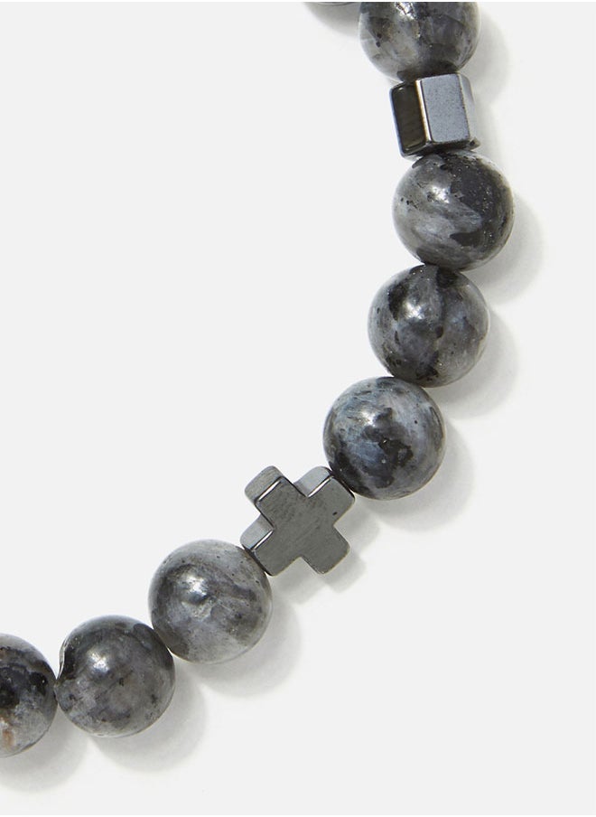 CHRYSOSTOMOS Handmade Beaded Bracelet for Men with Natural Grey Polished Agate  - Image 2