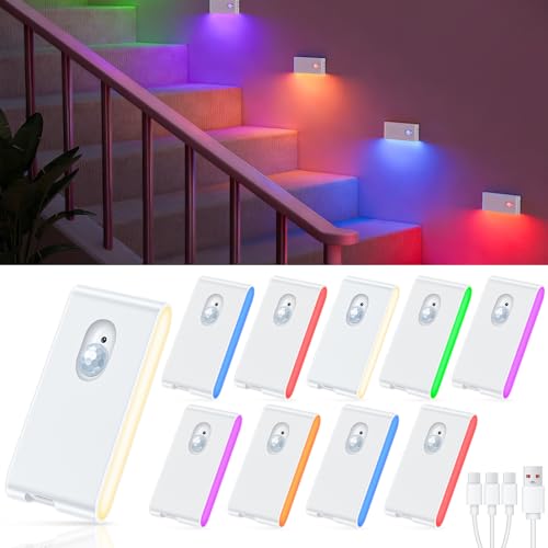 WILLED Motion Sensor Night Light, RGB & Warm White Stair Lights Indoor, Rechargeable Color Changing Night Light, Wireless Motion Sensor Light Indoor for Stair,Hallway,Bathroom,Cabinet,Kitchen,10 Pack - Image 1