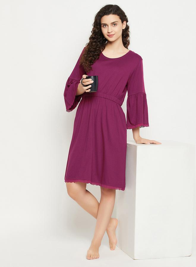 Clovia Solid Bell Sleeves Nightdress with Lace Trim - Image 1