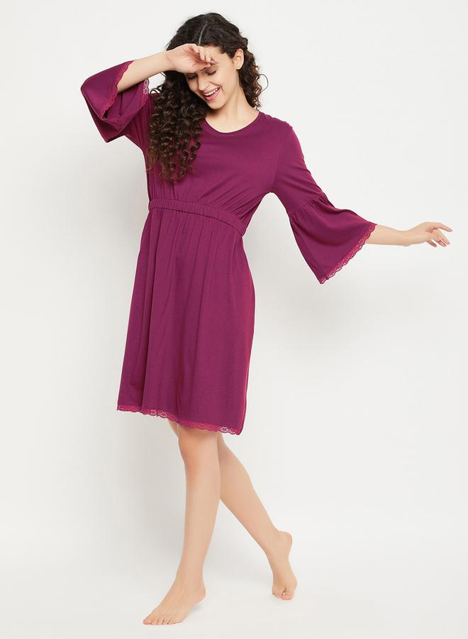 Clovia Solid Bell Sleeves Nightdress with Lace Trim - Image 3