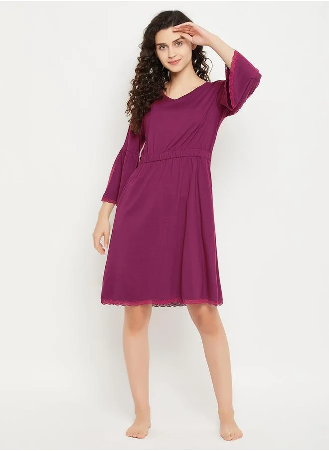 Clovia Clovia Solid Bell Sleeves Nightdress with Lace Trim