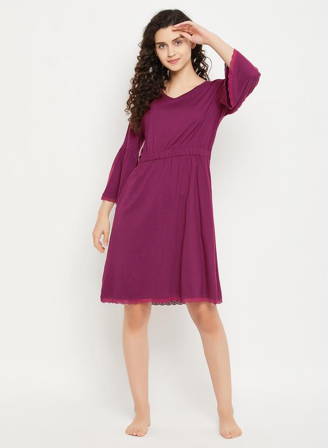 Clovia Solid Bell Sleeves Nightdress with Lace Trim - Image 2