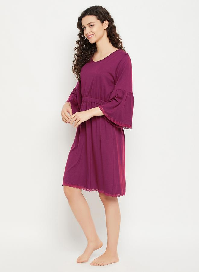 Clovia Solid Bell Sleeves Nightdress with Lace Trim - Image 4