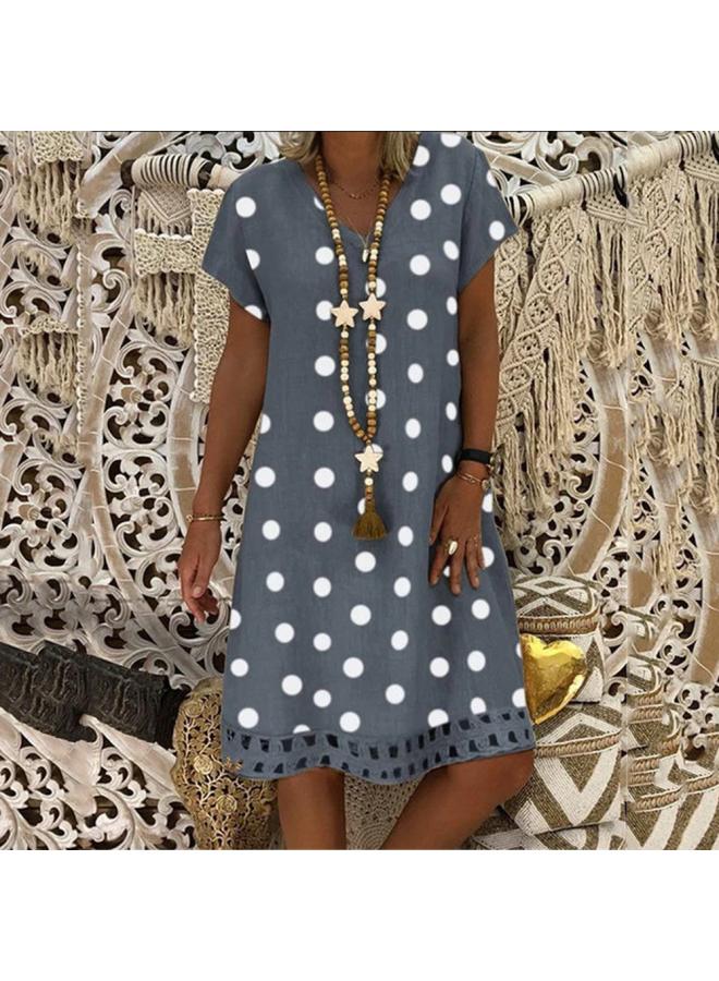 Spring And Summer New European And American Women's Dress Fashion Pollae Short Sleeve V-neck Printed Skirt