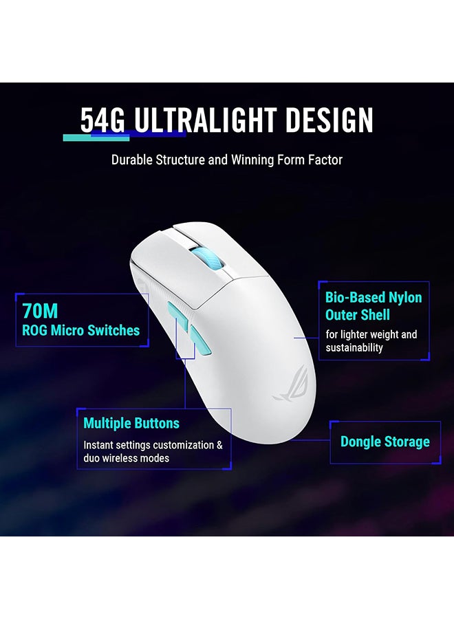 أسوس ماوس الألعاب اللاسلكي ROG Harpe 54g خفيف الوزن للغاية بدقة 36,000 نقطة في البوصة مع 5 أزرار قابلة للبرمجة - أبيض - Image 2