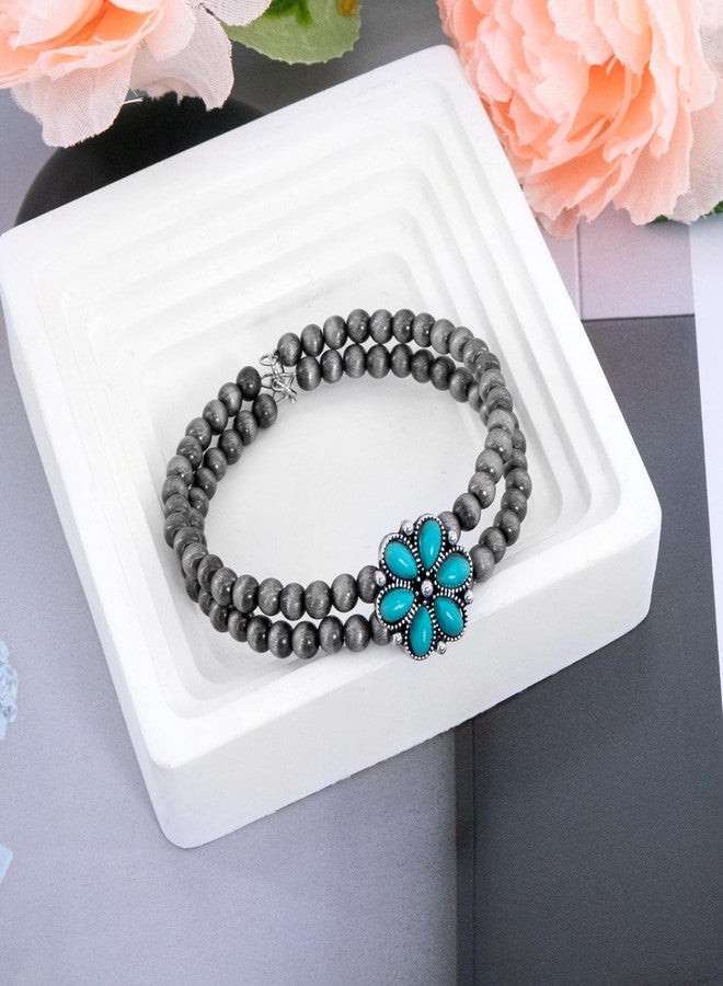 Bmpzery Navajo Pearl Bracelet for Women - Double Layer Turquoise Bracelet with Faux Pearls Beads & Stone, Adjustable Western Boho Bracelet, Handmade Look Vintage Jewelry for Cowgirl Gift & Layering - Image 4