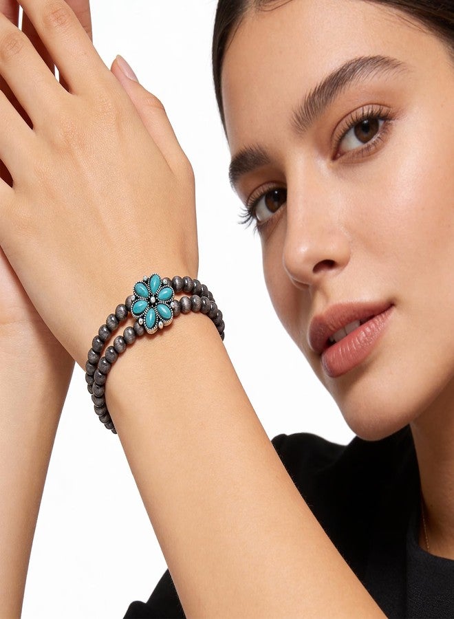 Bmpzery Navajo Pearl Bracelet for Women - Double Layer Turquoise Bracelet with Faux Pearls Beads & Stone, Adjustable Western Boho Bracelet, Handmade Look Vintage Jewelry for Cowgirl Gift & Layering - Image 5