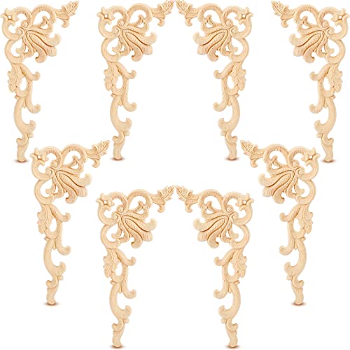 Yulejo 8 Pieces Wood Appliques Onlays Decorative Wooden Applique DIY Wood Appliques and Onlays for Furniture Unpainted Carved Corner Applique for Cabinet Door Bed Wardrobe Furniture Decoration - Image 1