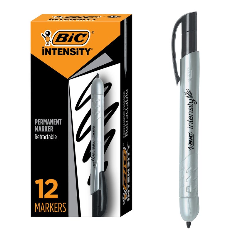 BIC Intensity Retractable Permanent Markers, Fine Bullet Tip, Black, 12-Count Pack, Permanent Markers for Teachers and Office Supplies - Image 1