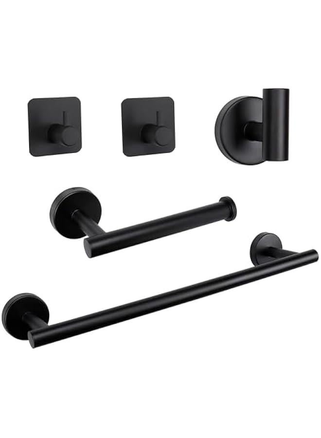 HOOKOR 5 pcs Bathroom Hardware Set, Thick Stainless Steel Bath Towel Bar Set Including Towel Rack for Bathroom+Toilet Paper Holder+3 Robe Towel Hooks Wall Mount (Matte Black)  - Image 1