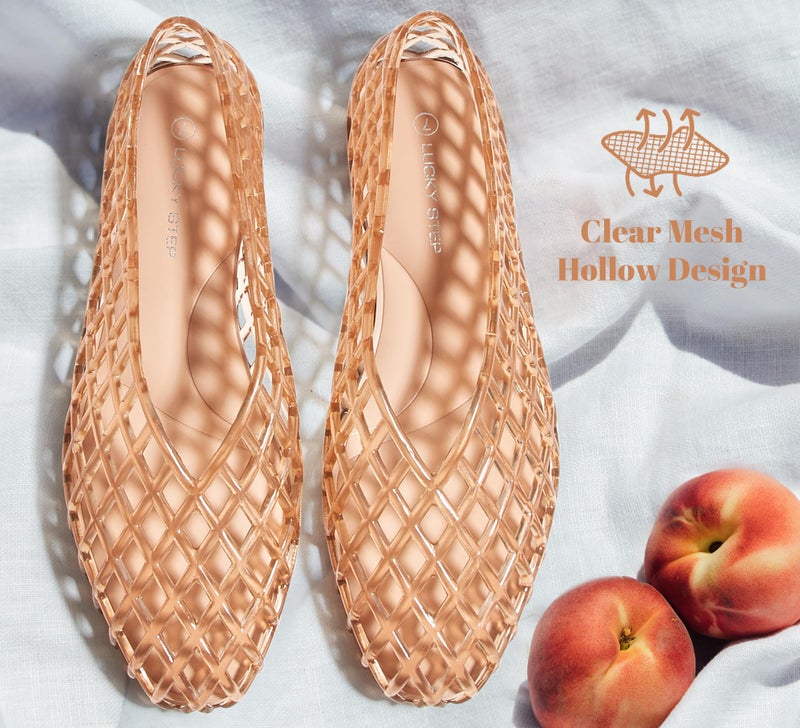 LUCKY STEP Women's Jelly Ballet Flats Mesh Casual Comfortable Jellies Shoes Clear Hollow Breathable Sandals(10 M US Beige) - Image 4
