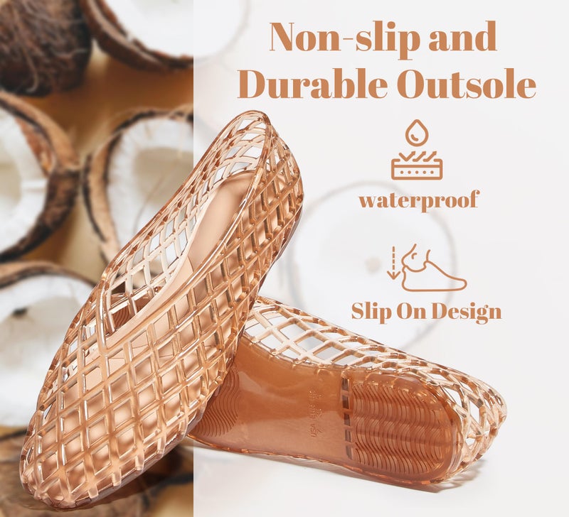 LUCKY STEP Women's Jelly Ballet Flats Mesh Casual Comfortable Jellies Shoes Clear Hollow Breathable Sandals(10 M US Beige) - Image 2