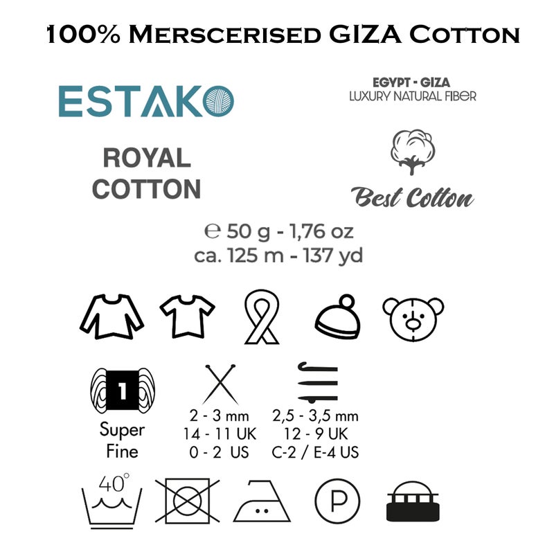 Estako Royal Cotton, 100% Mercerized Giza Cotton Yarn, Soft, Super Fino 1 for Crochet and Knitting 1.76 Oz (50g) / 137 Yrds (125m) (5050 - White) - Image 3