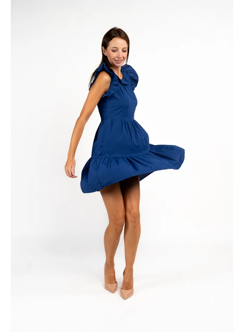 Fashonara Short Ruffled Royal Blue Cotton Dress
