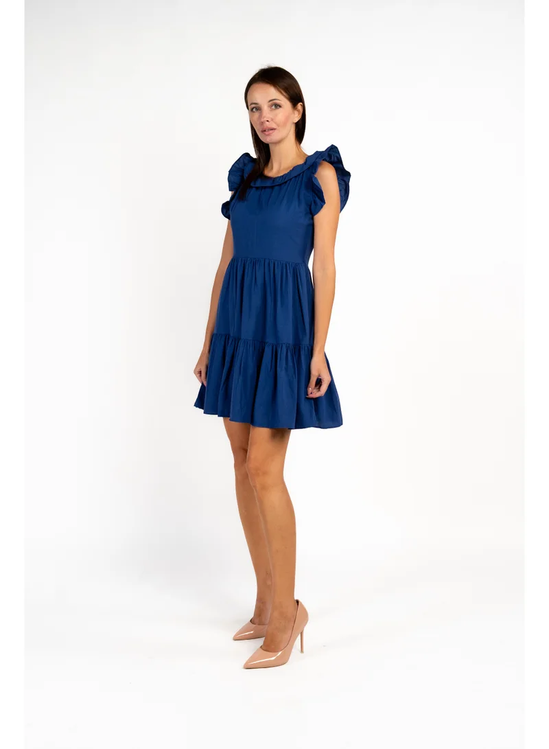 Fashonara Short Ruffled Royal Blue Cotton Dress