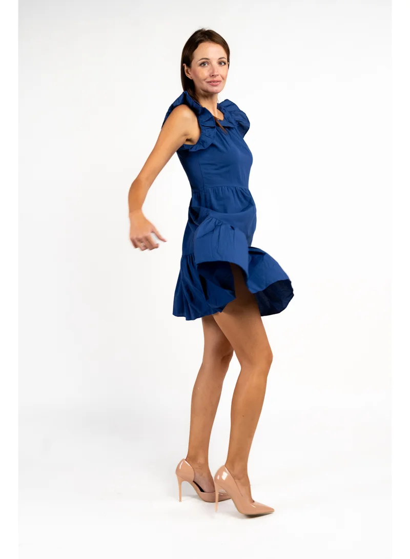 Fashonara Short Ruffled Royal Blue Cotton Dress