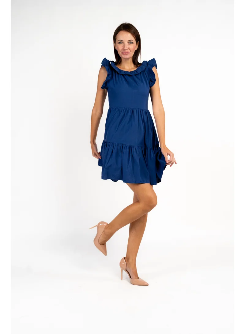 Fashonara Short Ruffled Royal Blue Cotton Dress