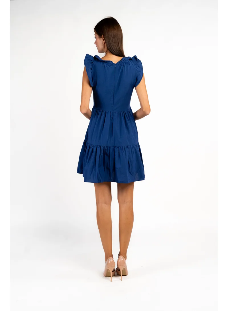 Fashonara Short Ruffled Royal Blue Cotton Dress
