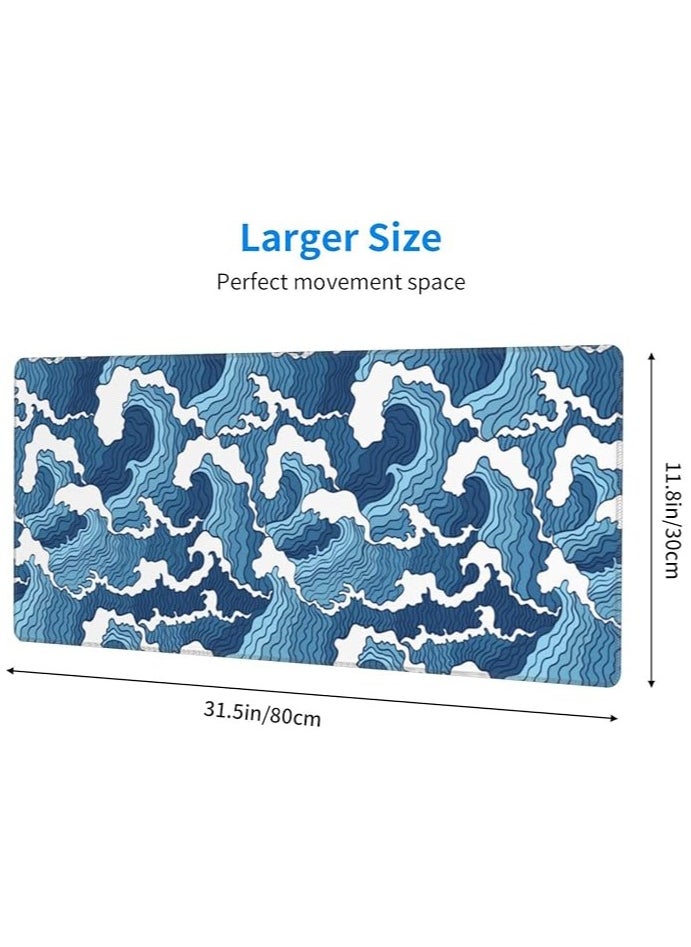 erorex Blue and White Wave Extended Mouse Pad 31.5x11.8 Inch Wave Desk Mousepad Extended Large Non-Slip Rubber Base Waterproof Big Keyboard Mat with Stitched Edges for Gaming and Office  - Image 3
