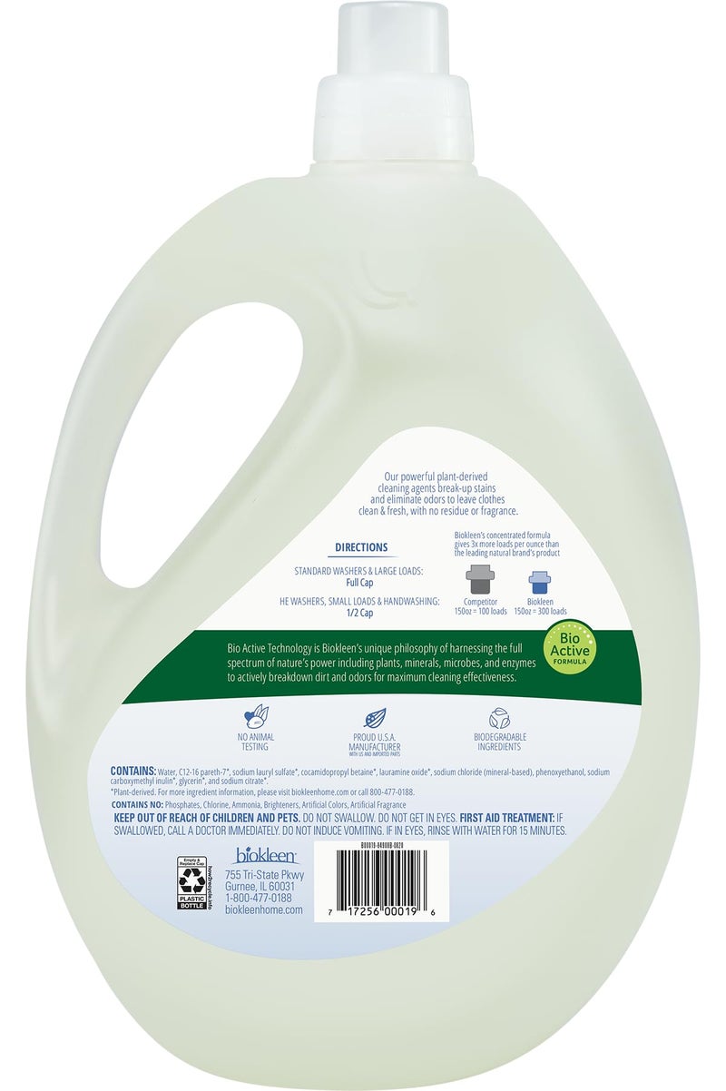 Biokleen Free & Clear Natural 3X Concentrated Liquid Laundry Detergent, 300 Loads, Plant-Based, Hypoallergenic, Removes Stains & Fights Odors, Dye Free, Unscented - Image 2