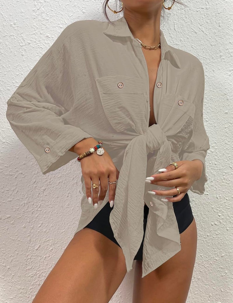 Bsubseach Womens Modern Swimsuit Cover Up Blouse Button Down Shirt Dresses Tops Khaki M - Image 2