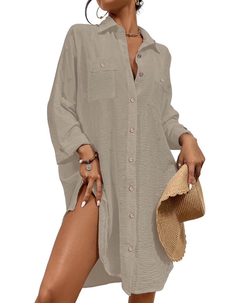 Bsubseach Womens Modern Swimsuit Cover Up Blouse Button Down Shirt Dresses Tops Khaki M - Image 5