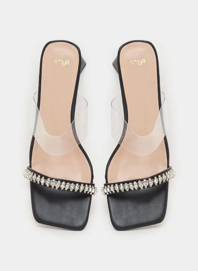 Styli Embellished Transparent Strap Square Toe Heel Sandals