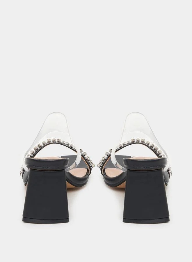 Styli Embellished Transparent Strap Square Toe Heel Sandals