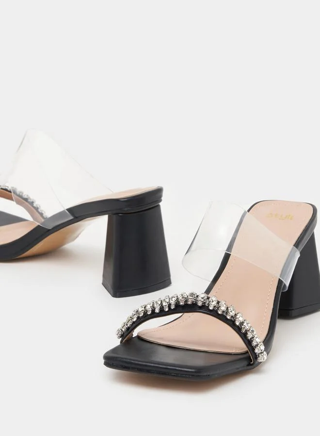 Styli Embellished Transparent Strap Square Toe Heel Sandals