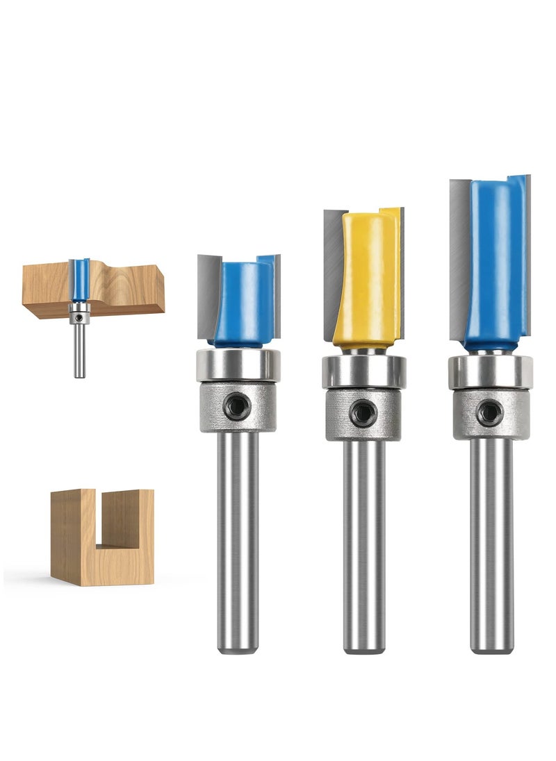 SYOSI - Straight Router Bit Set, 3PCS 1/4 Shank Flush Trim Router Bit, Pattern Flush Trim Router Bits Set, Milling Cutter Tool with Top Bearing for Carpenter DIY Woodworking - Image 1