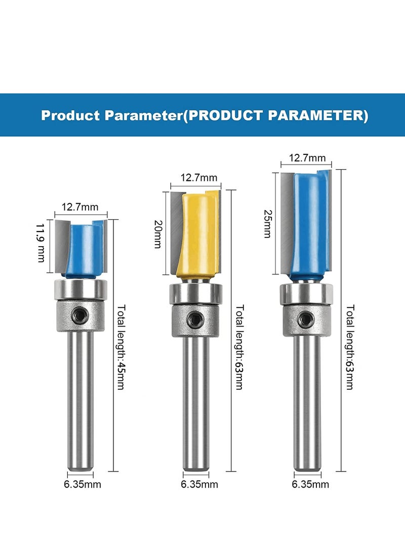 SYOSI - Straight Router Bit Set, 3PCS 1/4 Shank Flush Trim Router Bit, Pattern Flush Trim Router Bits Set, Milling Cutter Tool with Top Bearing for Carpenter DIY Woodworking - Image 1