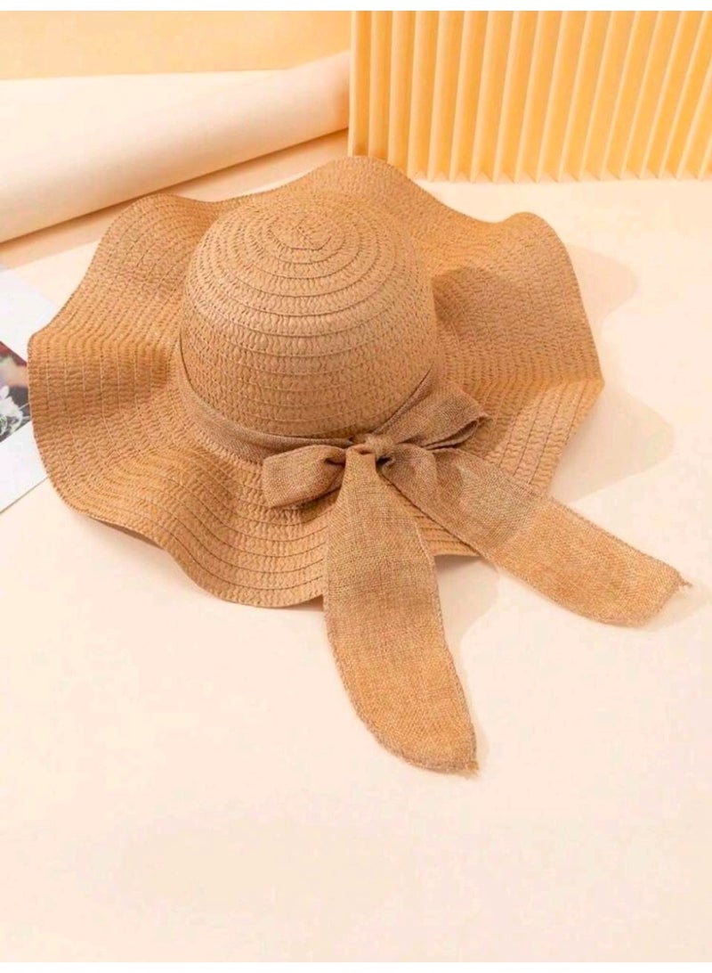SHEIN 1pc Ladies' Khaki Wave Striped Bowknot Beach Hat, Elegant And Sun-Protected For Beach Vacation - Image 2