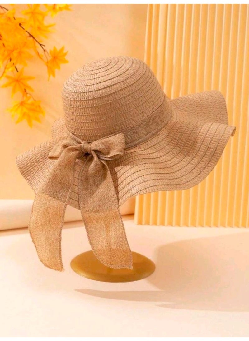 SHEIN 1pc Ladies' Khaki Wave Striped Bowknot Beach Hat, Elegant And Sun-Protected For Beach Vacation - Image 1