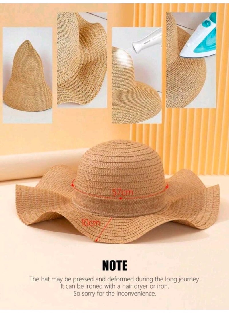 SHEIN 1pc Ladies' Khaki Wave Striped Bowknot Beach Hat, Elegant And Sun-Protected For Beach Vacation - Image 5