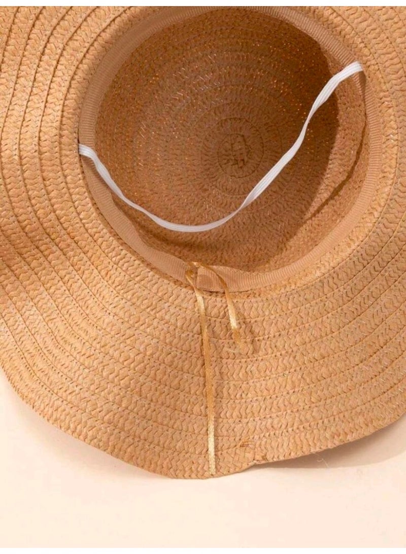SHEIN 1pc Ladies' Khaki Wave Striped Bowknot Beach Hat, Elegant And Sun-Protected For Beach Vacation - Image 3