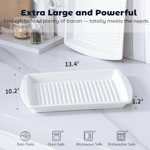 Dizada Microwave Bacon Tray 13"x10" Set of 2 - Porcelain Bacon Cooker for Microwave, Ceramic Bacon Rack for Sausages, Hot Dogs, Dishwasher Freezer Safe - Image 3