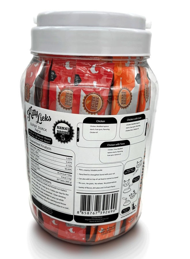 Rena's Recipe Kitty Licks Chicken Barrel (60 Tubes) 3 flavorsX 20 Tubes Cream Lickable Cat Treats 3 Different Flavors: Chicken, Chicken with Tuna, and Chicken with Liver - Image 2