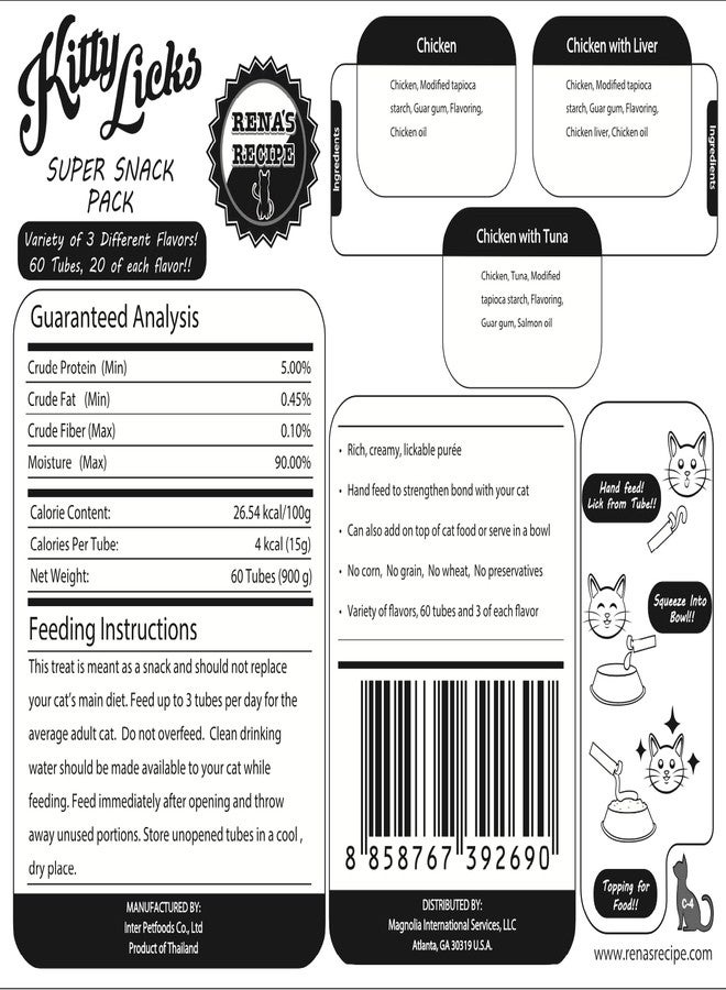 Rena's Recipe Kitty Licks Chicken Barrel (60 Tubes) 3 flavorsX 20 Tubes Cream Lickable Cat Treats 3 Different Flavors: Chicken, Chicken with Tuna, and Chicken with Liver - Image 3